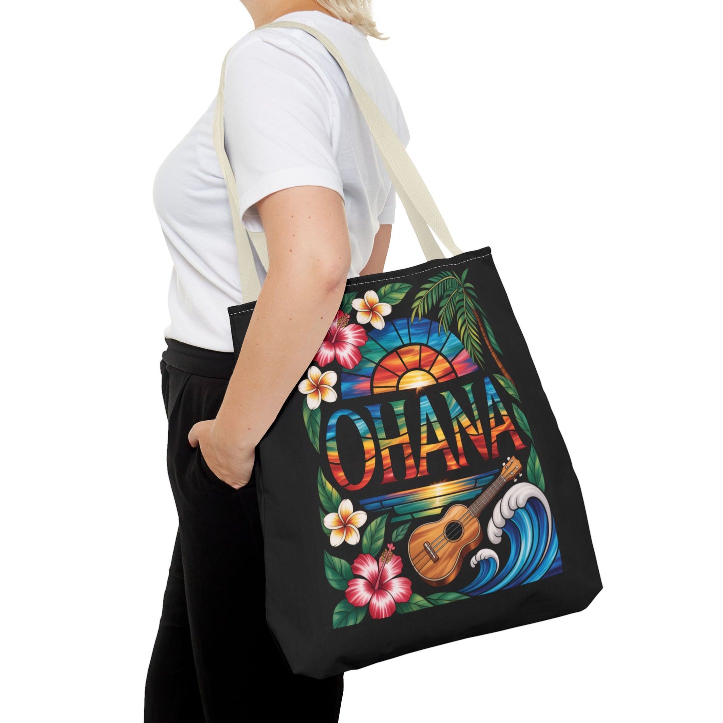 Ohana Tote Bag – Hawaiian Tropical Beach Bag with Ukulele, Sunset & Hibiscus Flowers, Island Gift for Women, Aloha Family Vibes