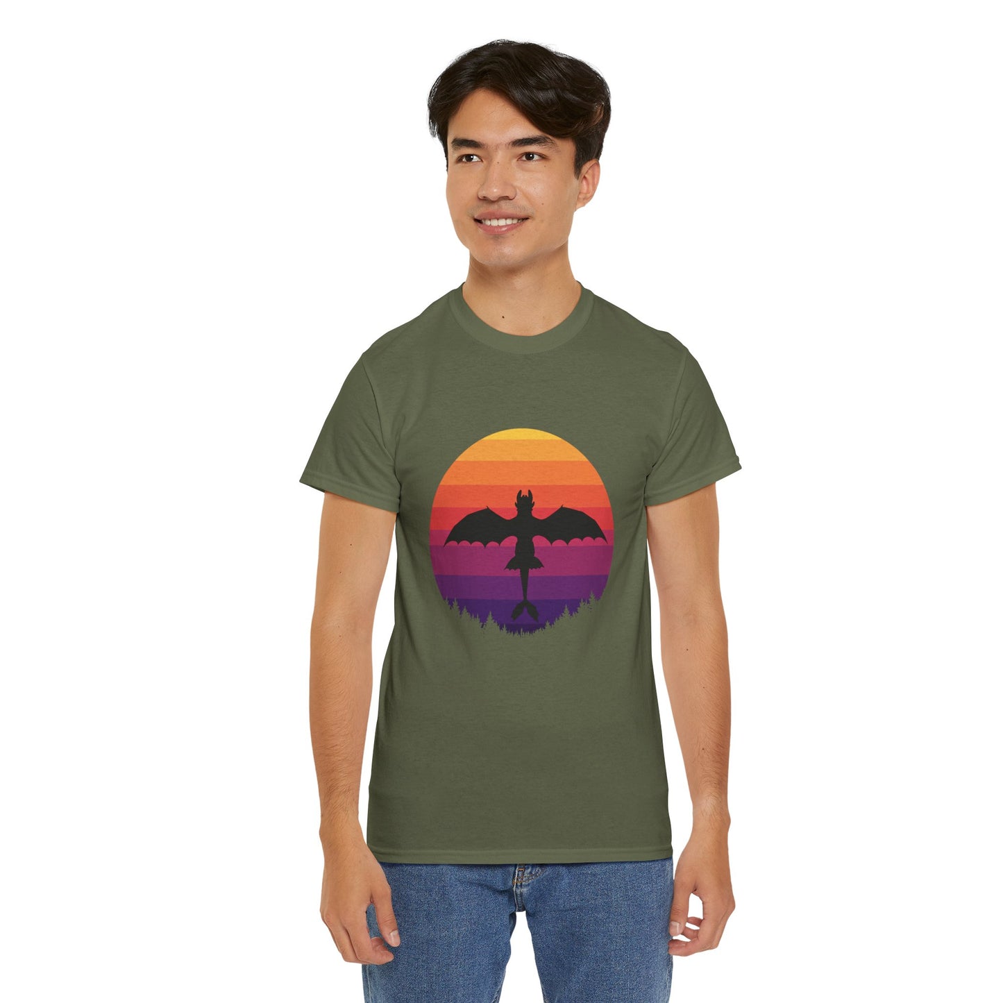 Night Dragon Sunset T-Shirt | Retro Dragon Silhouette Tee | Fantasy Dragon Shirt | Unisex Graphic Tee | Gift for Dragon Lovers