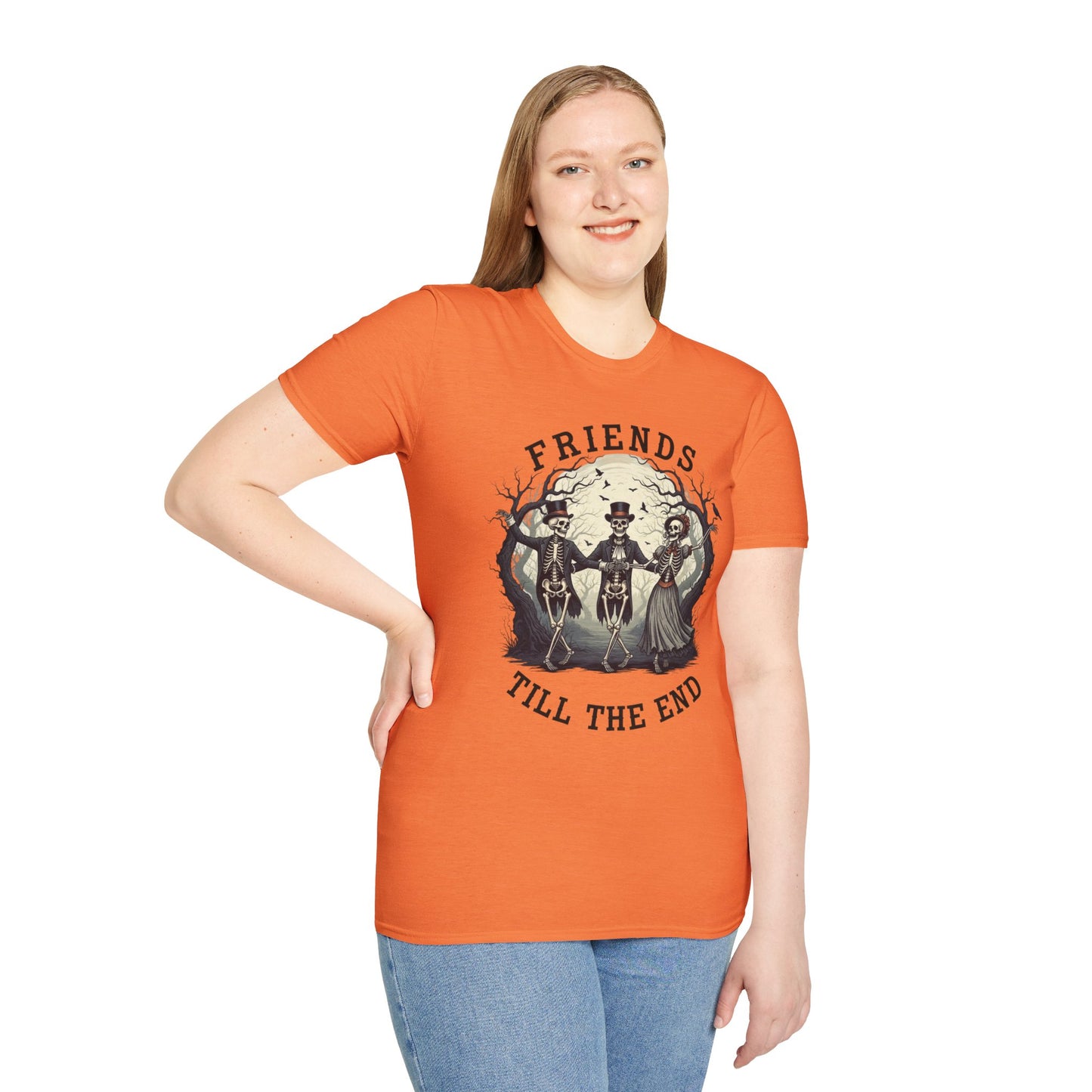 Friends Till The End Skeleton Tee | Dancing Skeleton Friends Shirt | Halloween Gothic BFF Gift | Unisex Heather Grey Graphic T-Shirt