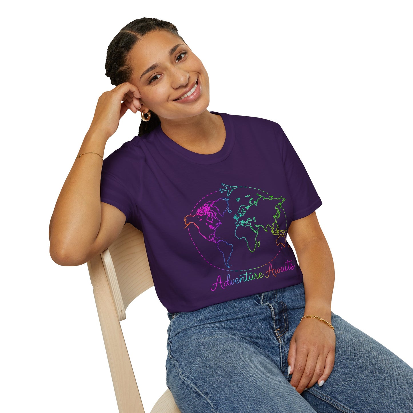 Adventure Awaits Neon Y2K Shirt - Retro Travel Tee, Rainbow Globe Graphic, Aesthetic Vacation Top, Y2K Gift for Travelers
