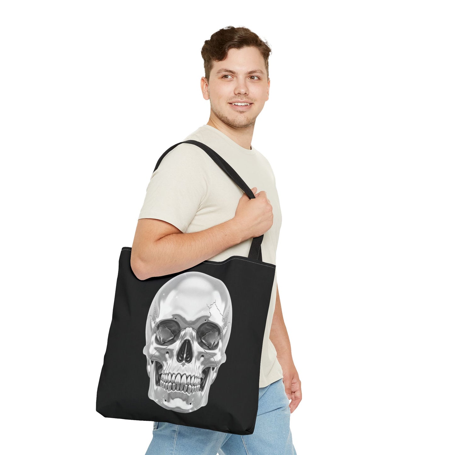 Chrome Skull Tote Bag, Gothic Halloween Canvas Tote, Metallic Skull Design Bag, Spooky Season Accessory, Skull Gift Tote For Horror Fans