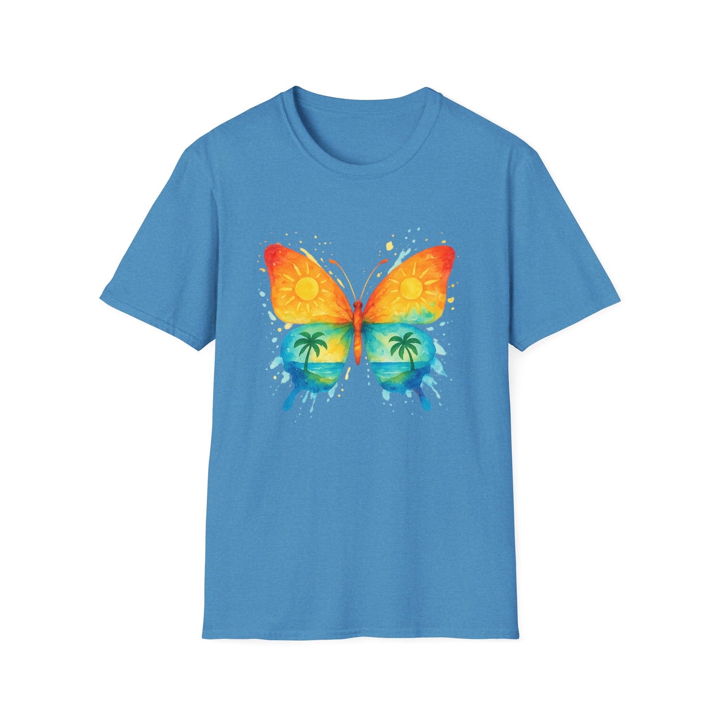 Butterfly Sunset Beach Tee - Ocean & Palm Watercolor Butterfly T-Shirt, Coastal Boho Graphic, Nature Lover Gift, Unisex Casual Tee