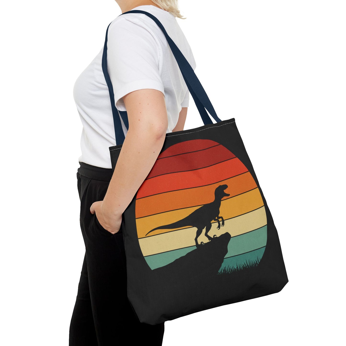 Retro Dino Sunset Tote Bag - Eco Canvas Dinosaur Beach Bag | Sustainable and Stylish Camping, Dino Lover Gift, Reusable Market Tote