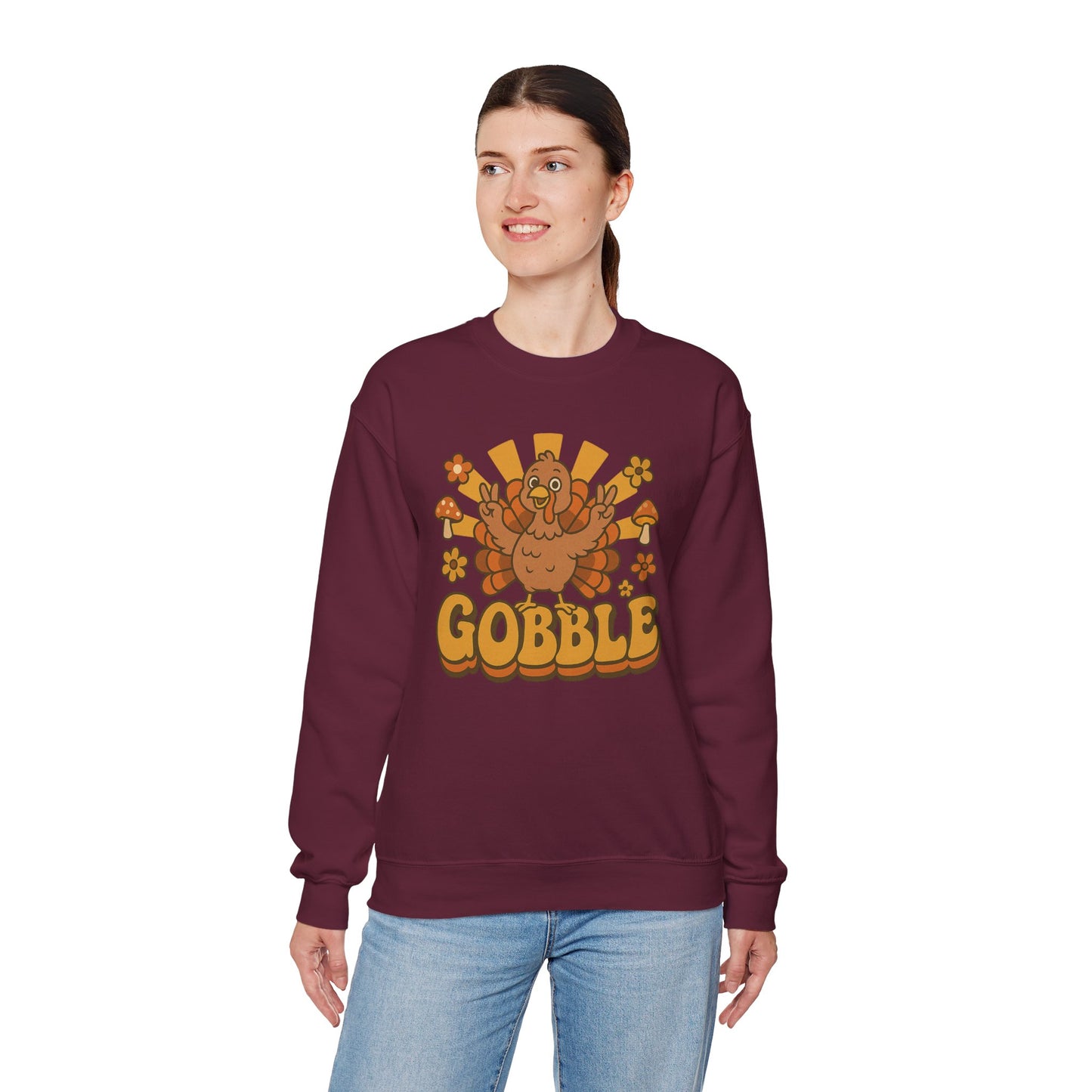 Gobble Turkey Sweatshirt, Retro Fall Turkey Crewneck, Thanksgiving Graphic Pullover, Autumn Mushroom & Flower Design, Cozy Fall Top