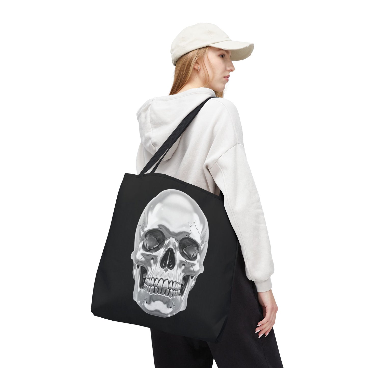 Chrome Skull Tote Bag, Gothic Halloween Canvas Tote, Metallic Skull Design Bag, Spooky Season Accessory, Skull Gift Tote For Horror Fans