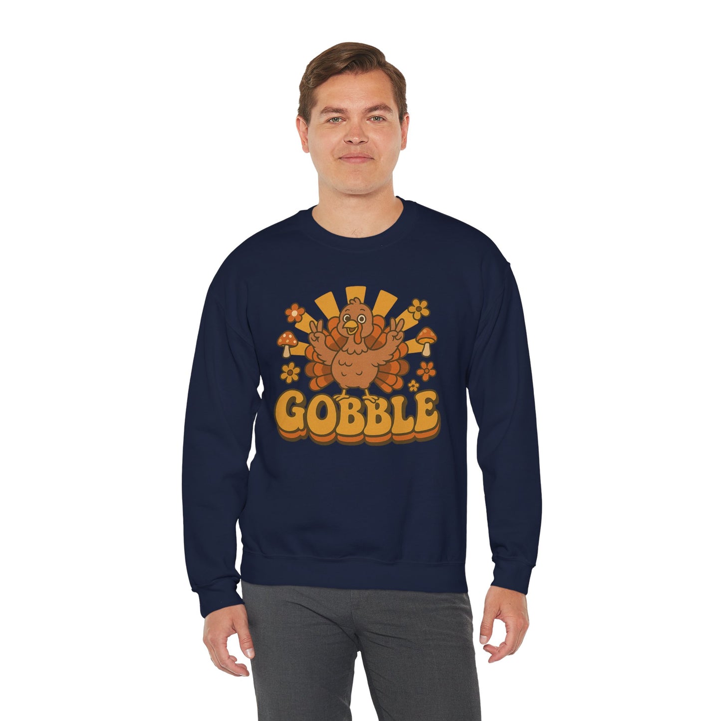 Gobble Turkey Sweatshirt, Retro Fall Turkey Crewneck, Thanksgiving Graphic Pullover, Autumn Mushroom & Flower Design, Cozy Fall Top