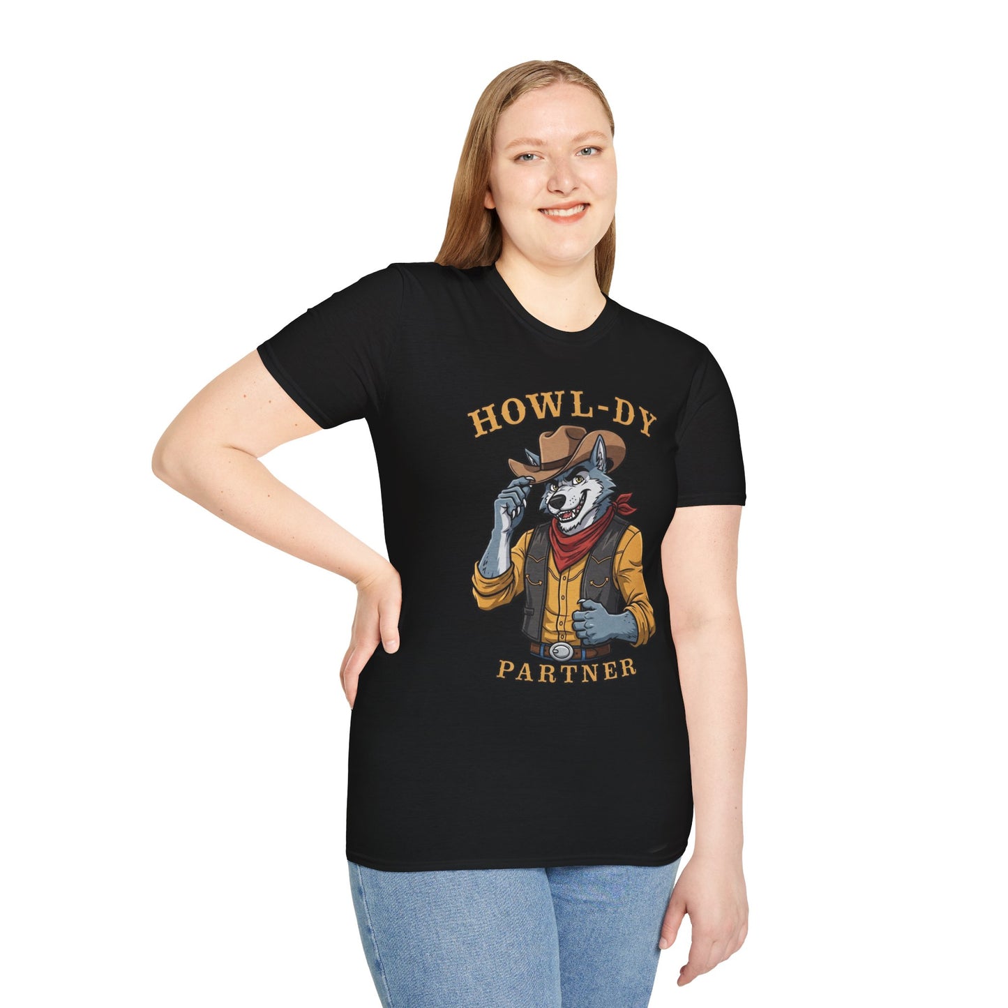 Howl-dy Partner Wolf Cowboy T-Shirt | Western Howling Wolf Graphic Tee, Funny Animal Shirt, Cowboy Gifts, Rustic Country Tee