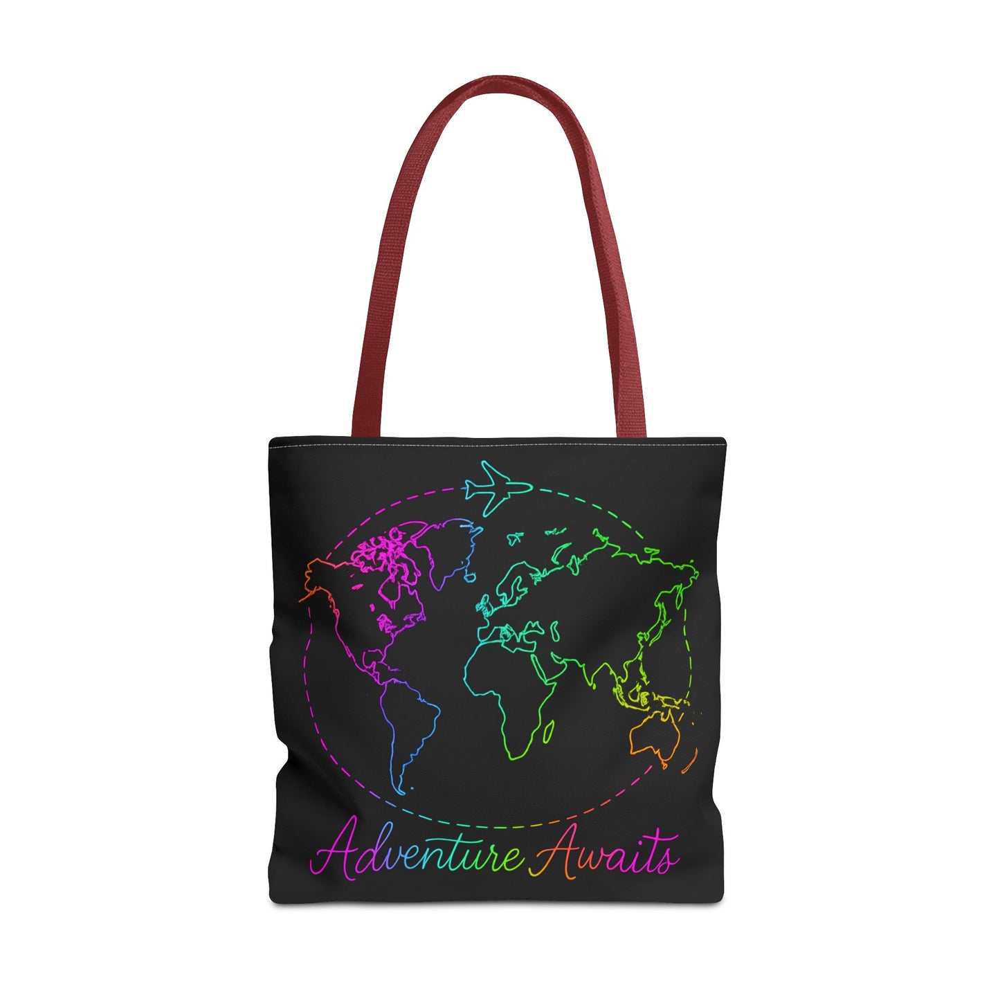 Adventure Awaits Neon Tote Bag - Y2K Rainbow World Map and Plane Travel Tote, Reusable Canvas Tote for Airport, Beach, Market + Gift