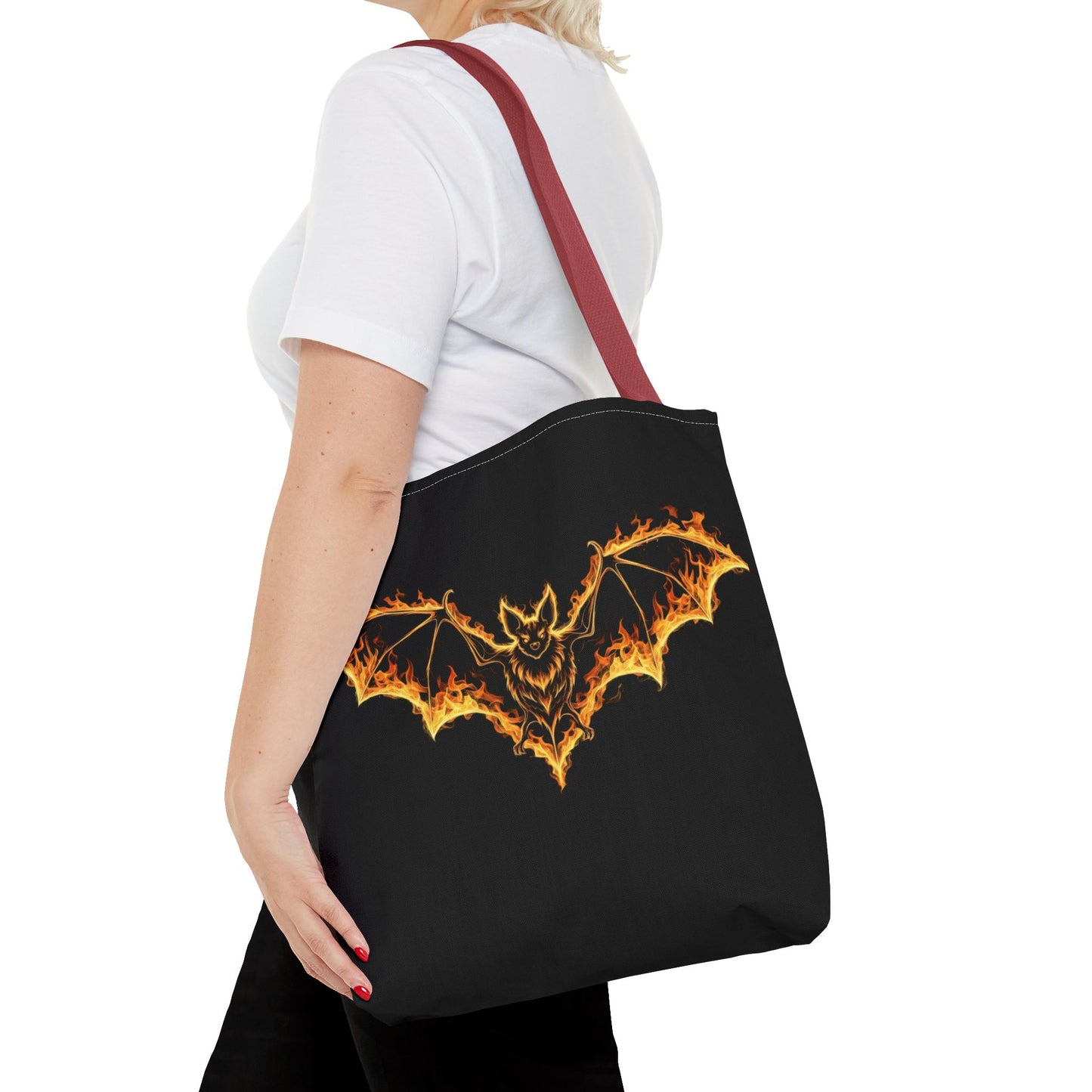 Flaming Bat Tote Bag, Gothic Halloween Canvas Tote, Fiery Wing Bat Design Tote, Spooky Season Accessory, Gothic Gift Tote