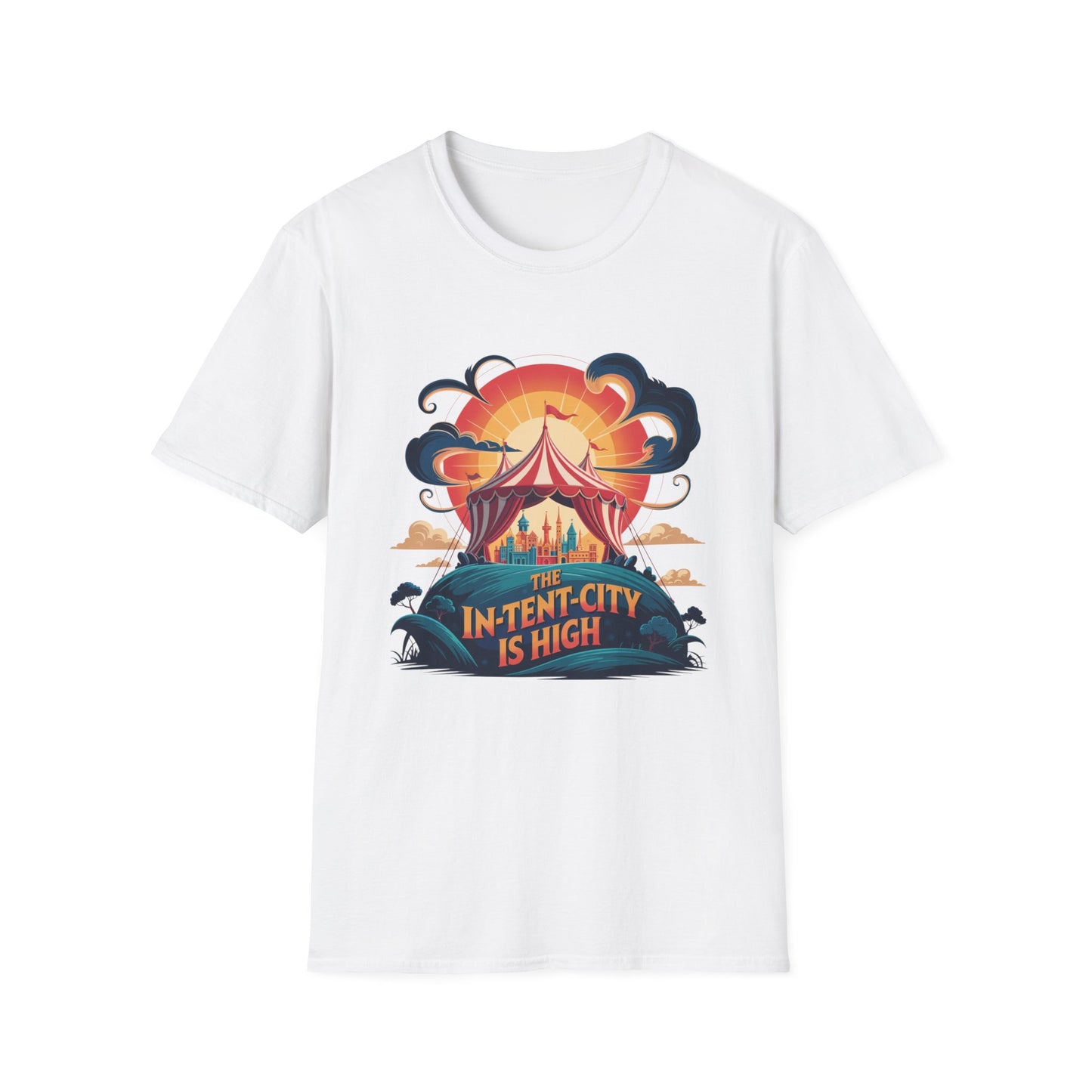 In-Tent-City Is High Retro Camp T-Shirt | Vintage Circus Tent + Cityscape Graphic | Funny Outdoors Urban Adventure Tee | Unisex Camper Shirt