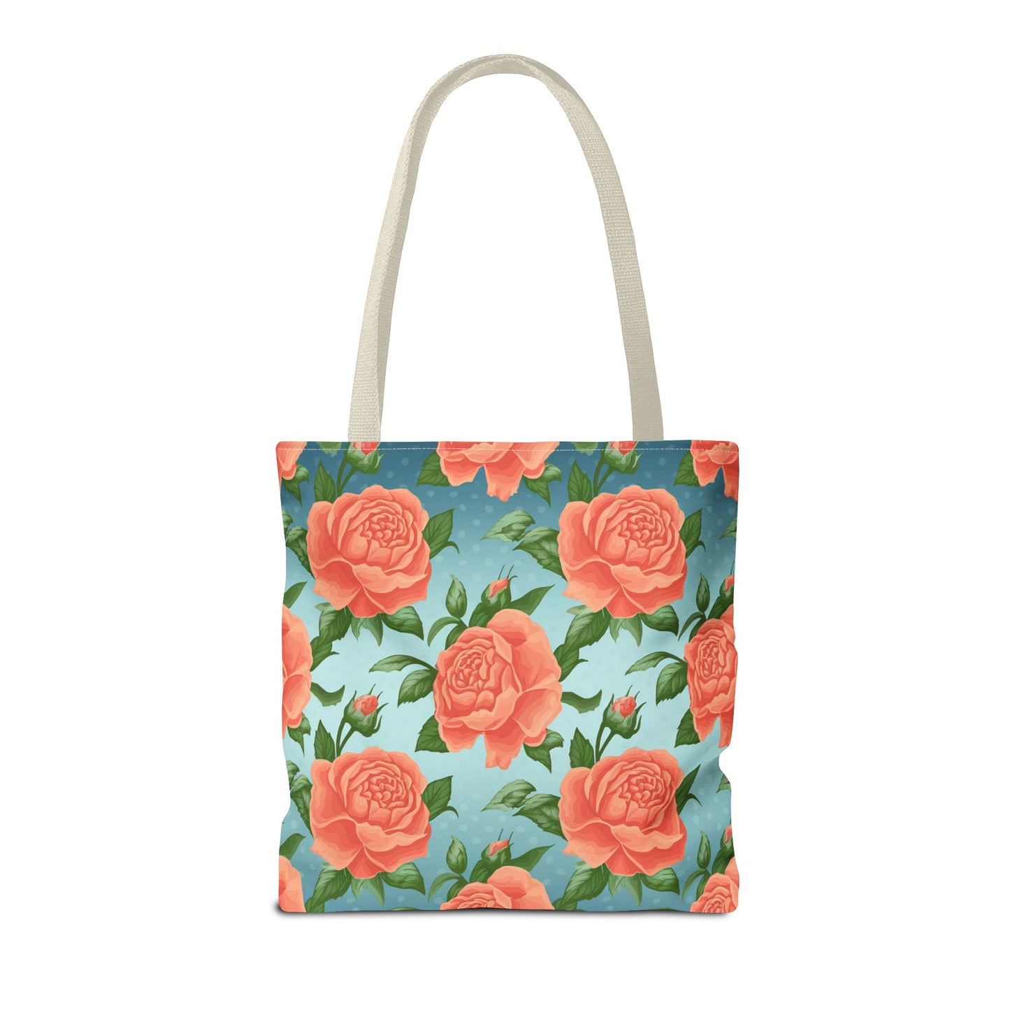 Vintage Floral Tote Bag – Coral Rose Pattern on Blue Background – Aesthetic Everyday Carry Bag – Reusable Fabric Market Tote Gift