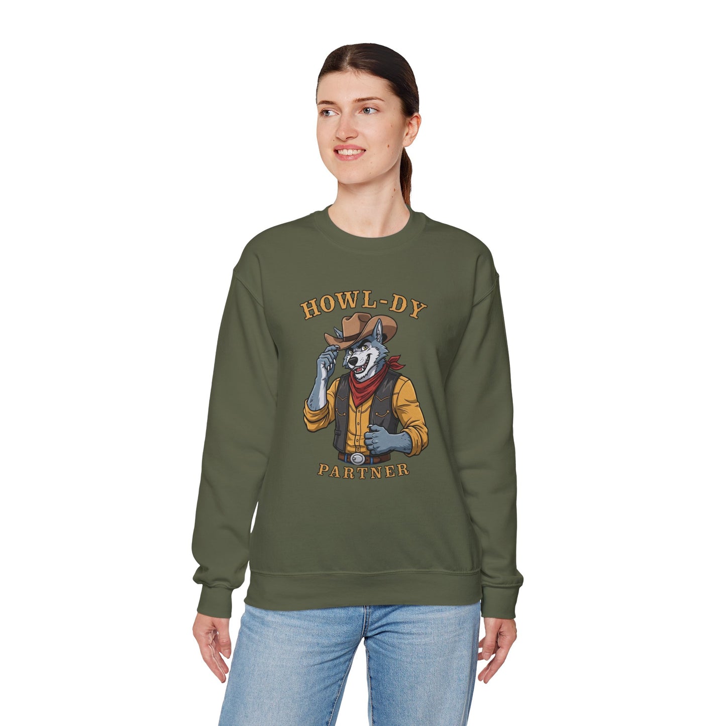 Howl-dy Partner Wolf Sweatshirt, Cowboy Werewolf Halloween Crewneck, Western Spooky Graphic Pullover for Animal Lover Gift Sweatshirt