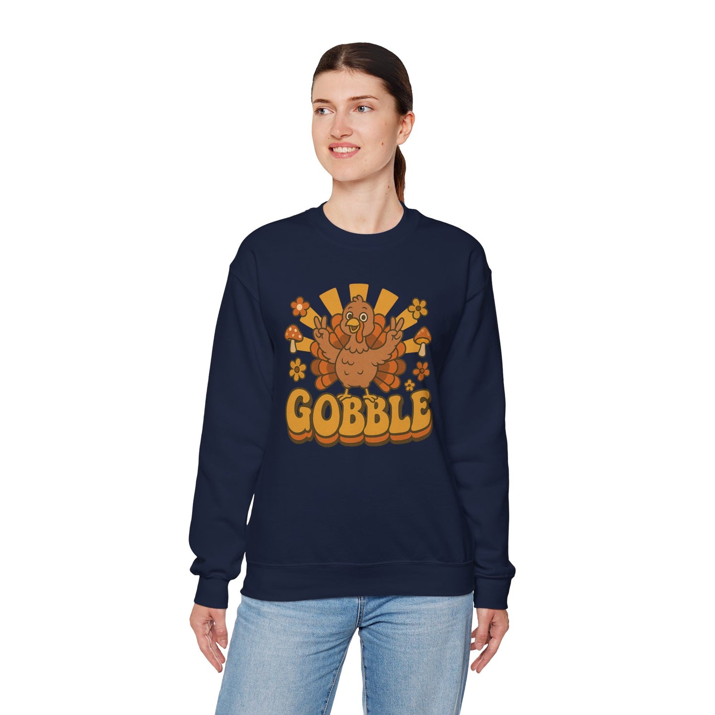 Gobble Turkey Sweatshirt, Retro Fall Turkey Crewneck, Thanksgiving Graphic Pullover, Autumn Mushroom & Flower Design, Cozy Fall Top
