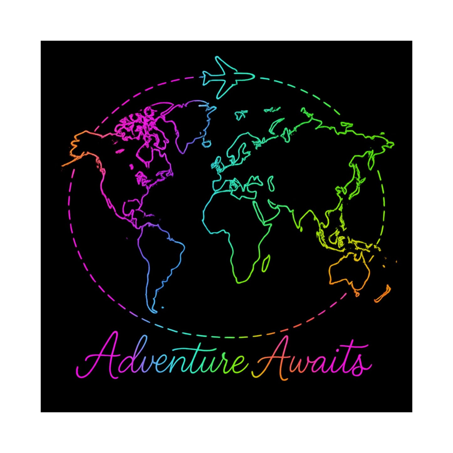 Adventure Awaits Neon Poster - Y2K Rainbow World Map and Plane Wall Art - Travel Aesthetic Decor for Office, Dorm, Bedroom + Gift