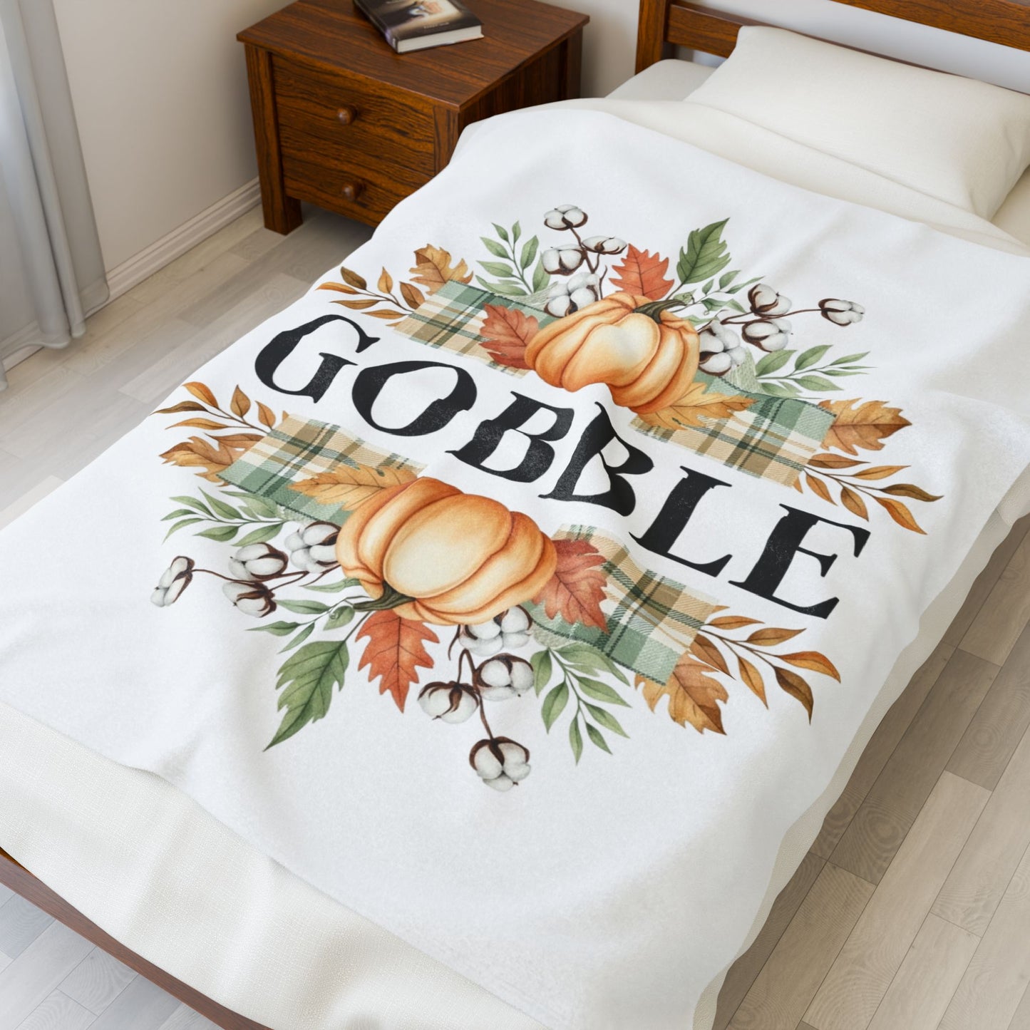 Gobble Fall Blanket, Thanksgiving Throw Blanket With Pumpkins And Leaves, Cozy Autumn Decor, Soft Fleece Blanket Gift For Family Gatherings