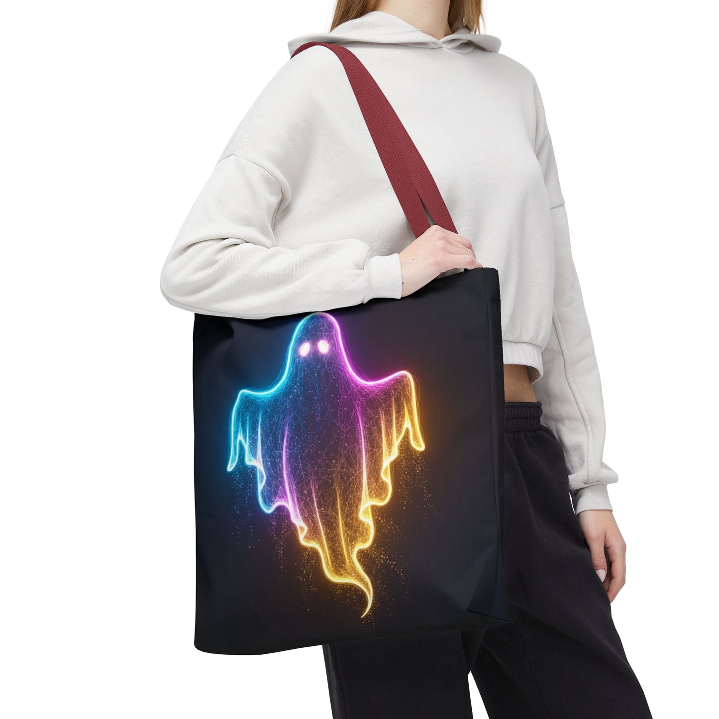 Neon Ghost Tote Bag - Bright Colorful Ghost Print Shoulder Tote, Spooky Cute Reusable Canvas Bag, Halloween Aesthetic Everyday Carry