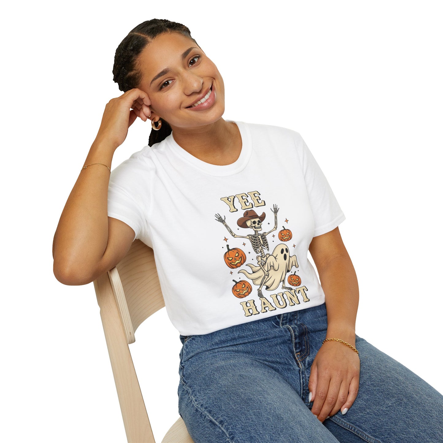 Yee Haunt Skeleton Cowboy Ghost Halloween Shirt - Spooky Western Dancing Skeleton Tee, Pumpkin Haunted Ghost Cowboy Top Fall Graphic Tee