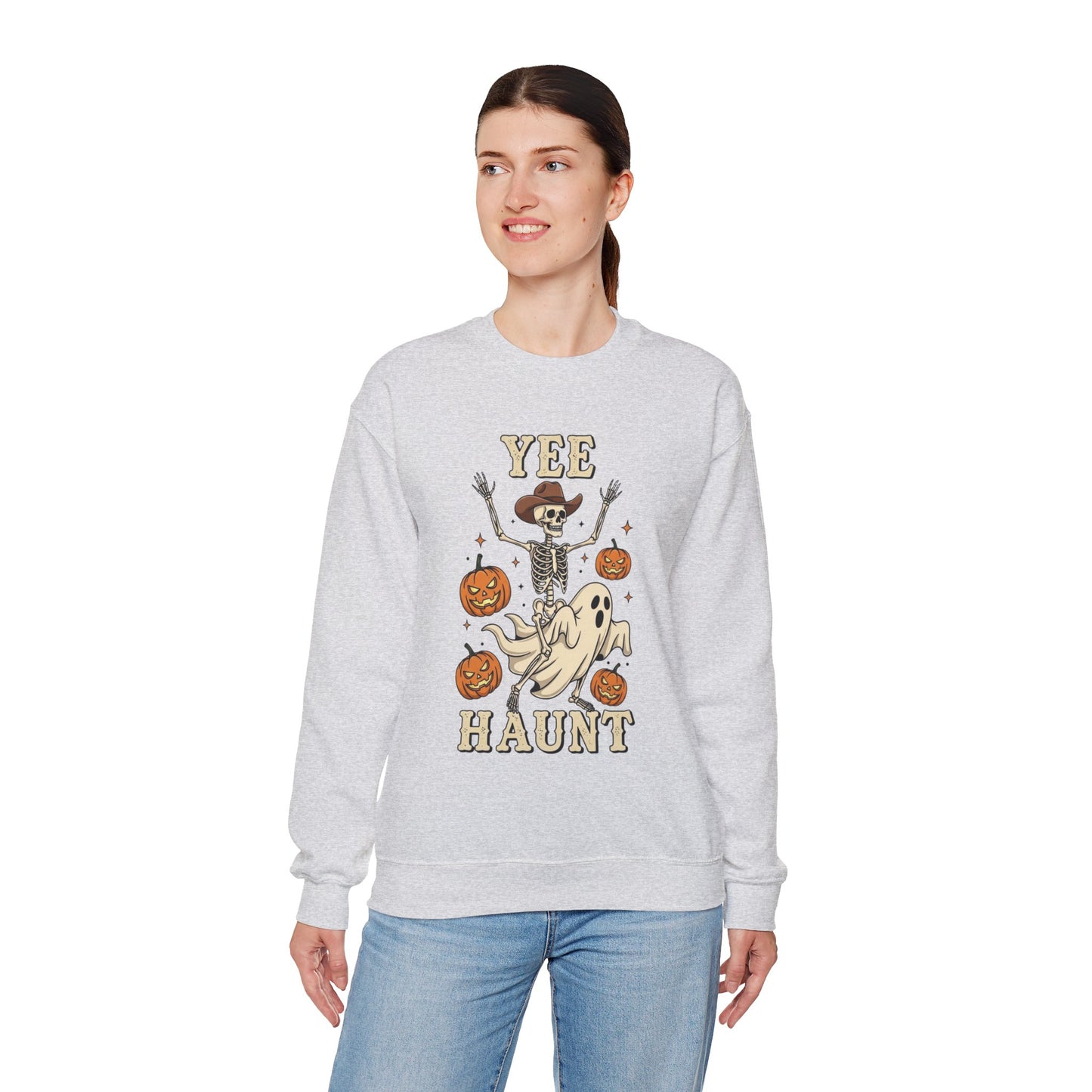 Yee Haunt Sweatshirt, Skeleton Ghost Pullover, Funny Halloween Crewneck, Spooky Pumpkin Ghost Tee, Haunting Night Graphic Sweatshirt