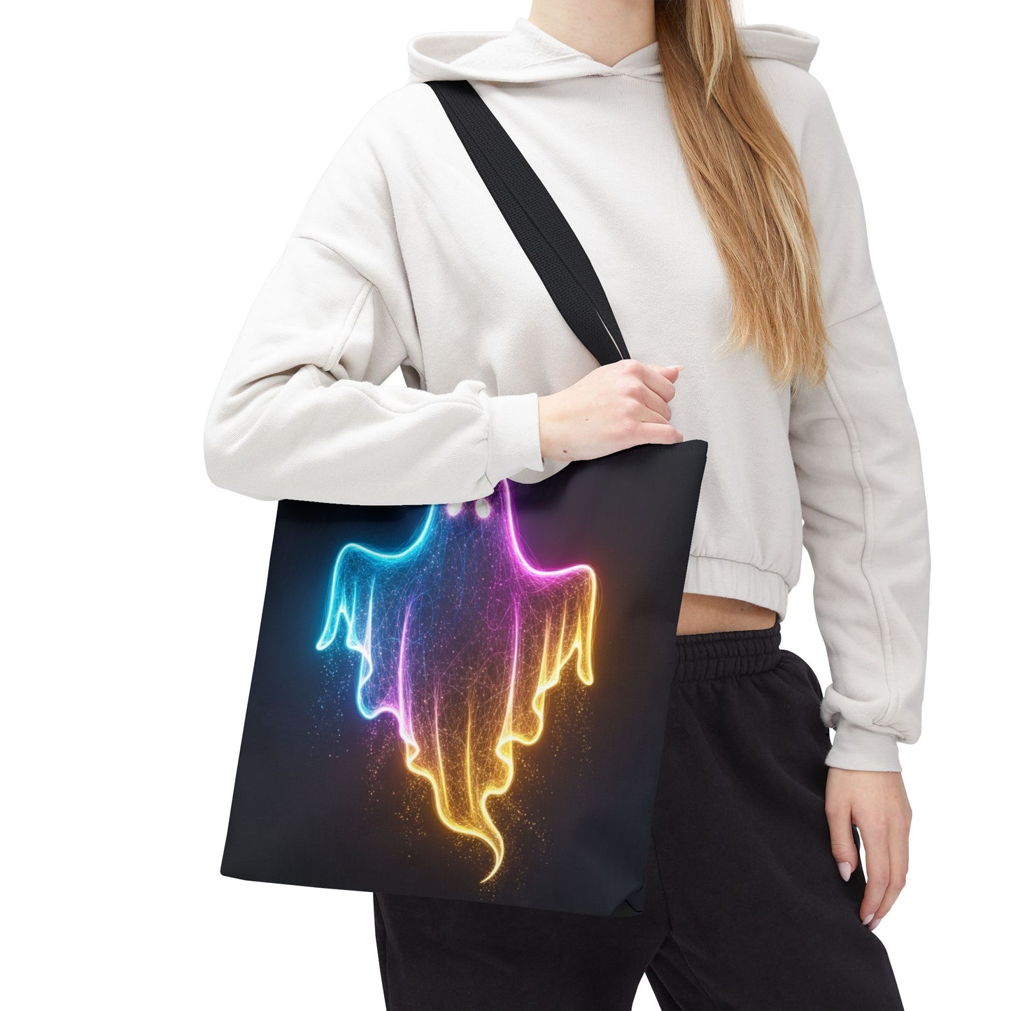 Neon Ghost Tote Bag - Bright Colorful Ghost Print Shoulder Tote, Spooky Cute Reusable Canvas Bag, Halloween Aesthetic Everyday Carry