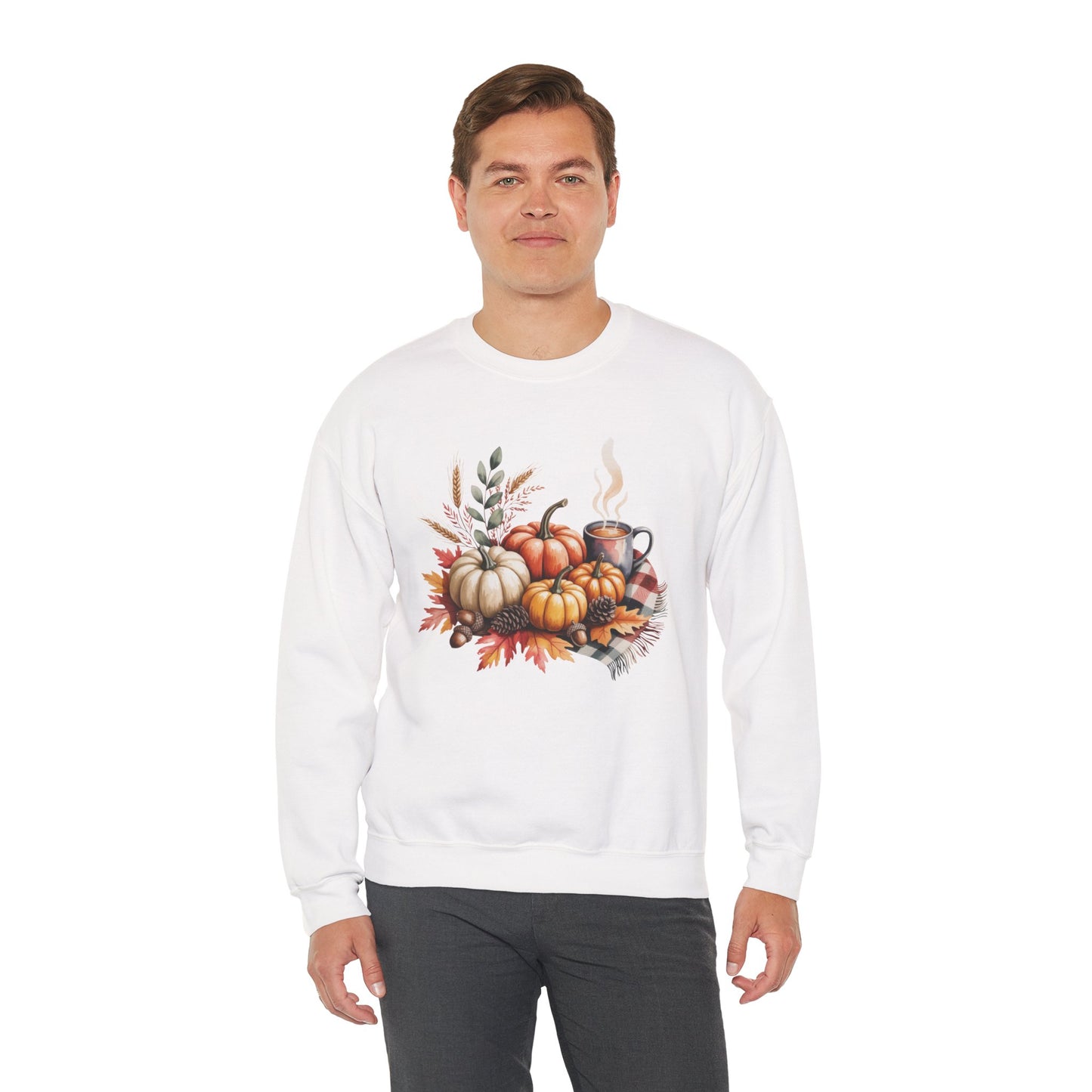 Fall Pumpkin Sweatshirt, Cozy Autumn Crewneck, Thanksgiving Sweater With Pumpkins And Coffee, Fall Leaves Pullover, Seasonal Gift