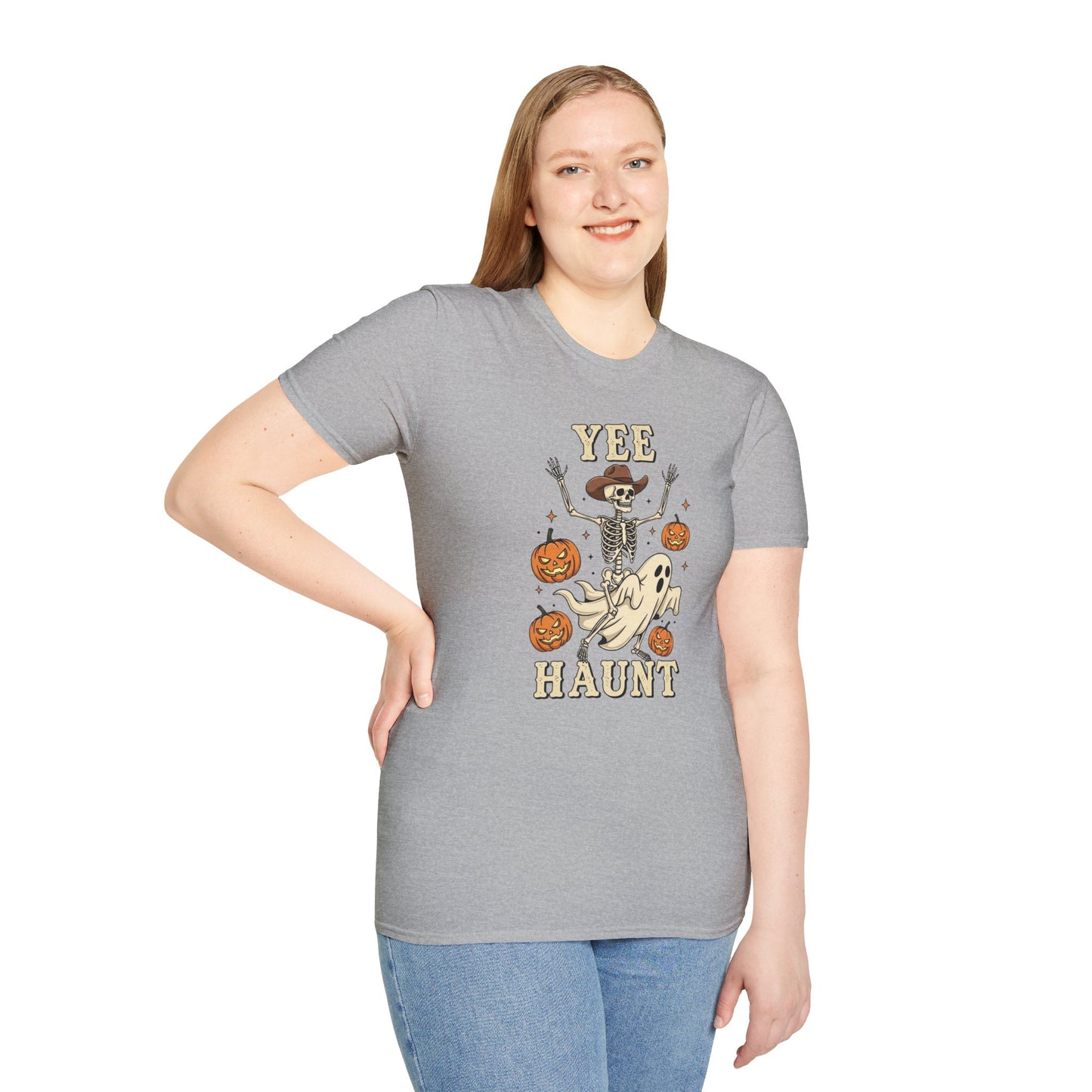 Yee Haunt Skeleton Cowboy Ghost Halloween Shirt - Spooky Western Dancing Skeleton Tee, Pumpkin Haunted Ghost Cowboy Top Fall Graphic Tee