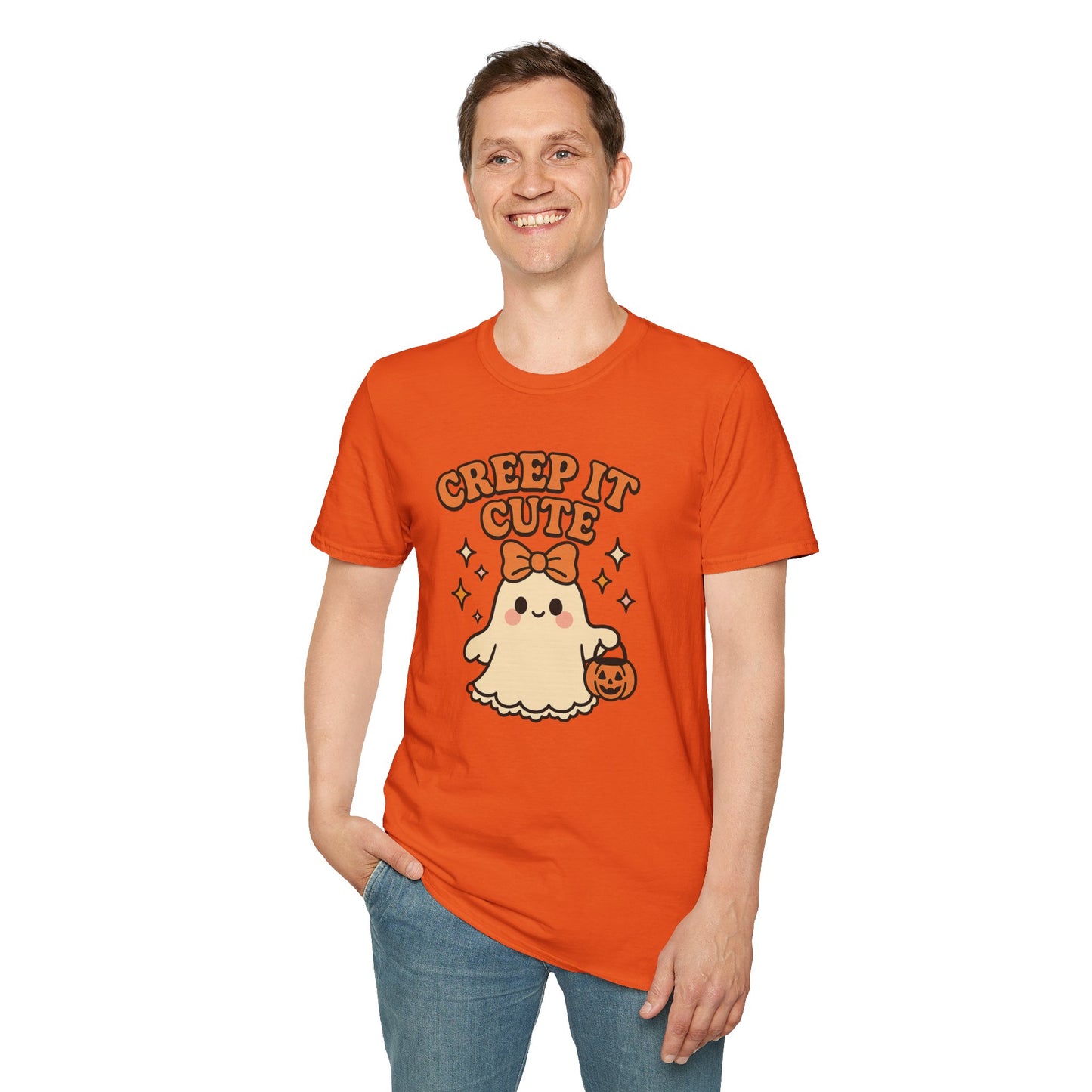 Creep It Cute Ghost Halloween Shirt - Kawaii Ghost Tee with Bow and Pumpkin, Spooky-Cute Fall Graphic T-Shirt, Spooky Season Halloween Top
