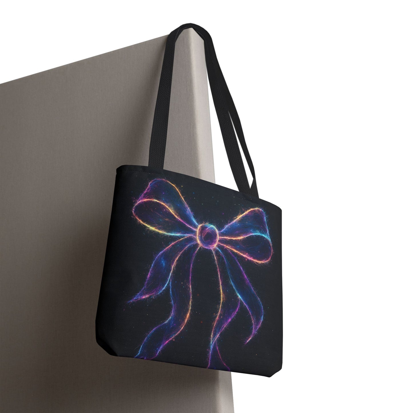 Galaxy Glow Bow Tote Bag, Cosmic Neon Ribbon Design, Black Space Art Bag, Celestial Gift For Her, Stylish Reusable Everyday Tote