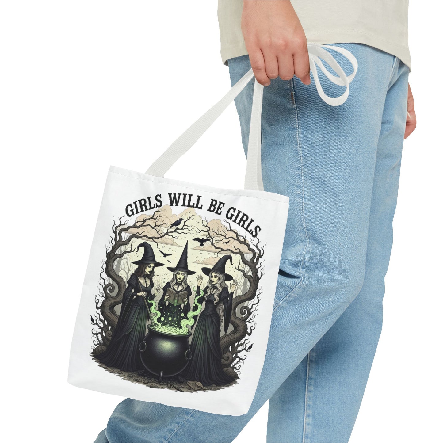 Girls Will Be Girls Halloween Tote Bag, Witchy Aesthetic Bag, Gothic Witches Cauldron Art, Spooky Gift, Reusable Eco Tote For Halloween Lovers