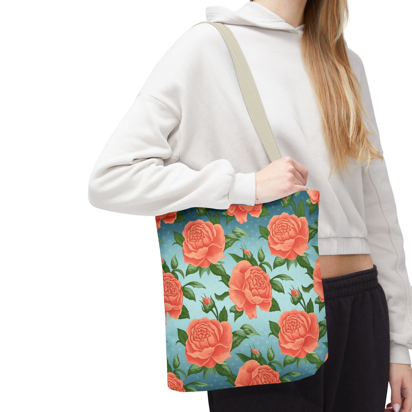 Vintage Floral Tote Bag – Coral Rose Pattern on Blue Background – Aesthetic Everyday Carry Bag – Reusable Fabric Market Tote Gift