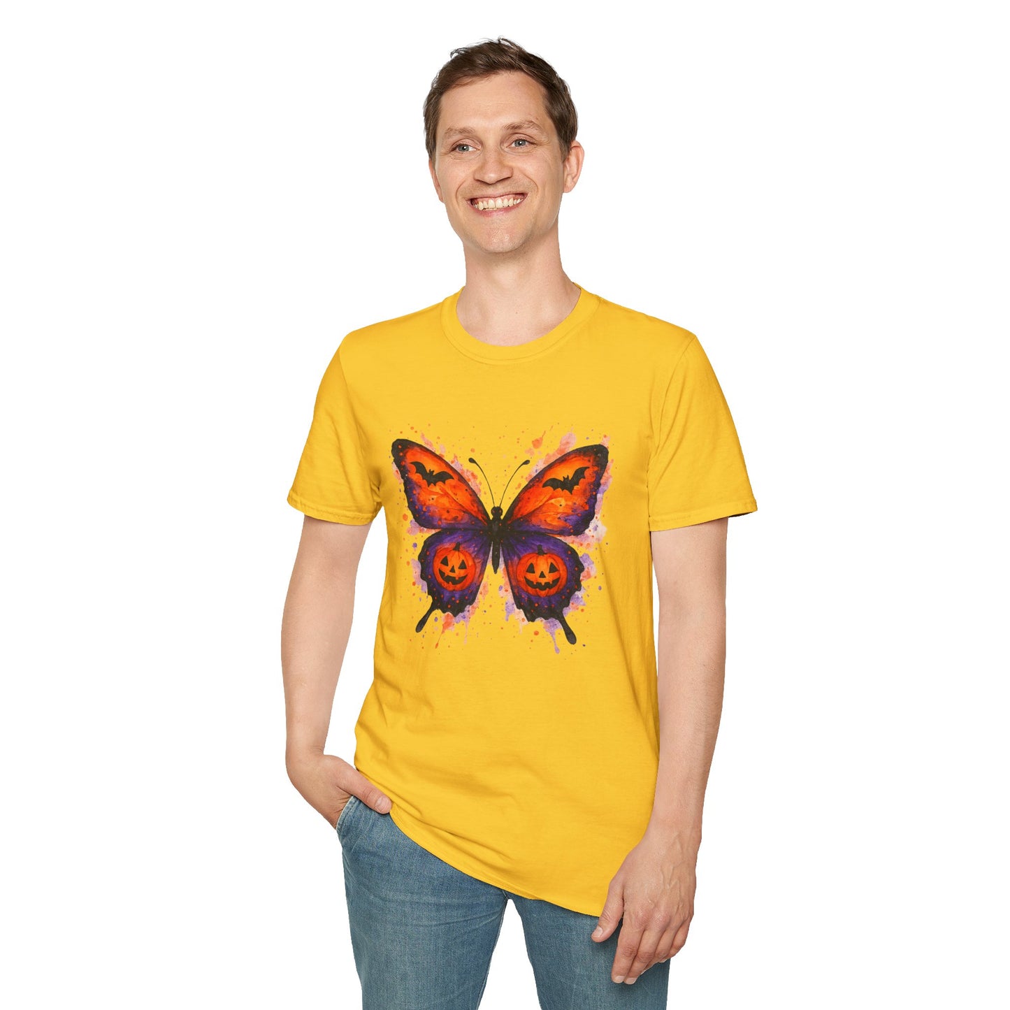 Halloween Watercolor Butterfly T-Shirt - Pumpkin Butterfly Tee, Spooky Butterfly Shirt, Bat and Jack-O'Lantern Wings, Fall Aesthetic Tee