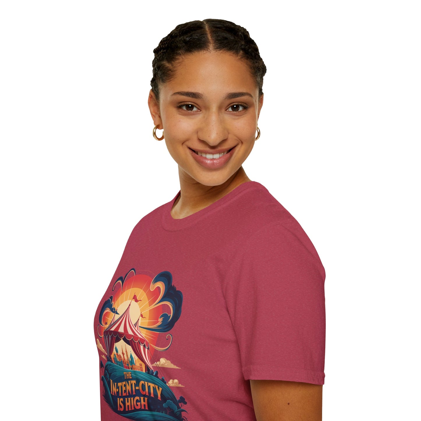 In-Tent-City Is High Retro Camp T-Shirt | Vintage Circus Tent + Cityscape Graphic | Funny Outdoors Urban Adventure Tee | Unisex Camper Shirt