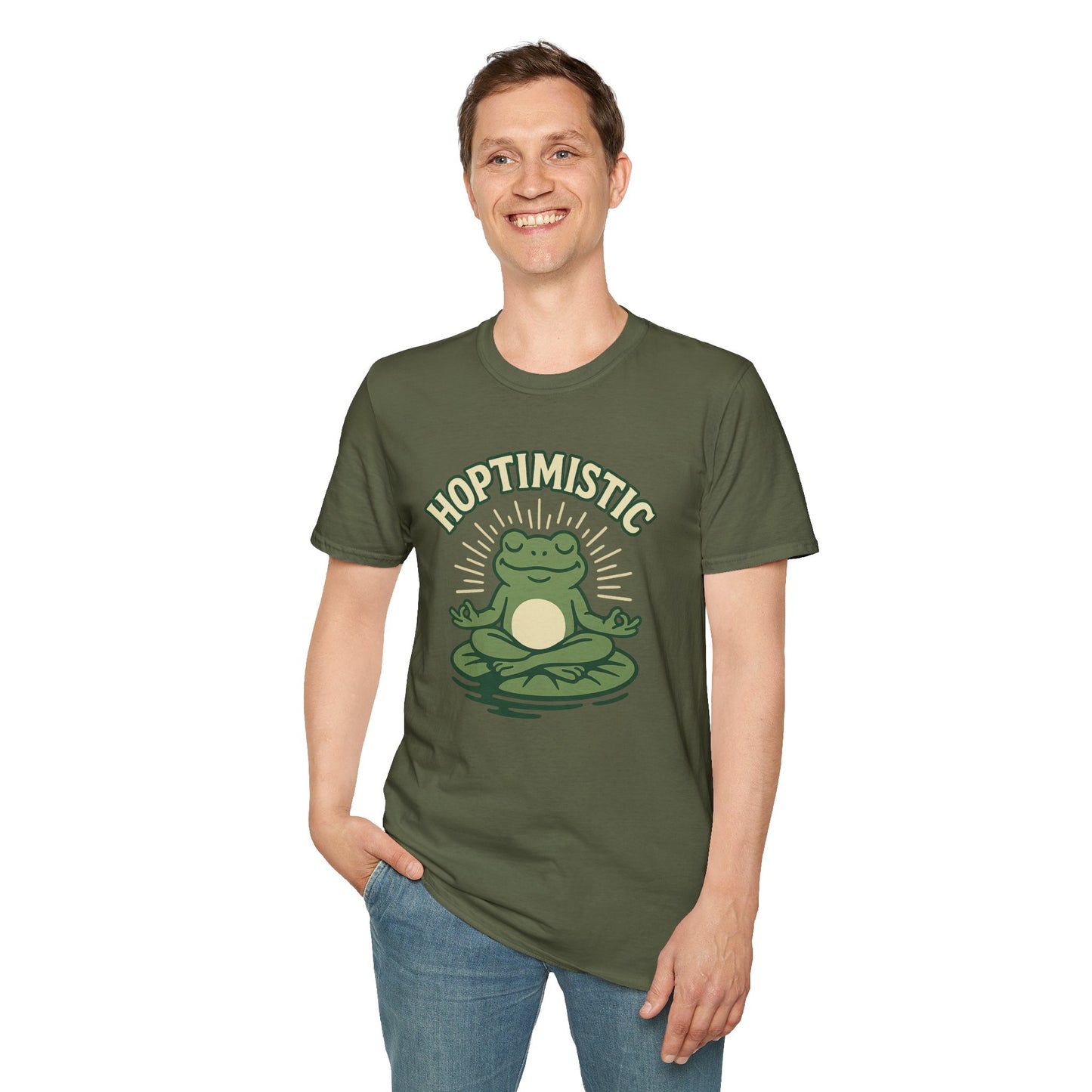 HOPTIMISTIC Relaxed Zen Frog T-Shirt • Cute Animal Graphic Tee • Mindful Yoga Frog Humor • Unisex Gift • Nature Lover Shirt