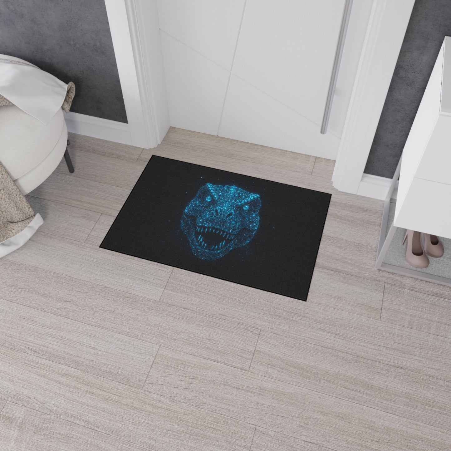 Bioluminescent-Style T-Rex Doormat – Neon Blue Dinosaur Skull Rug, Bold Dinosaur Door Mat, Non-Slip Entryway Rug, Unique Gift for Dino Lovers