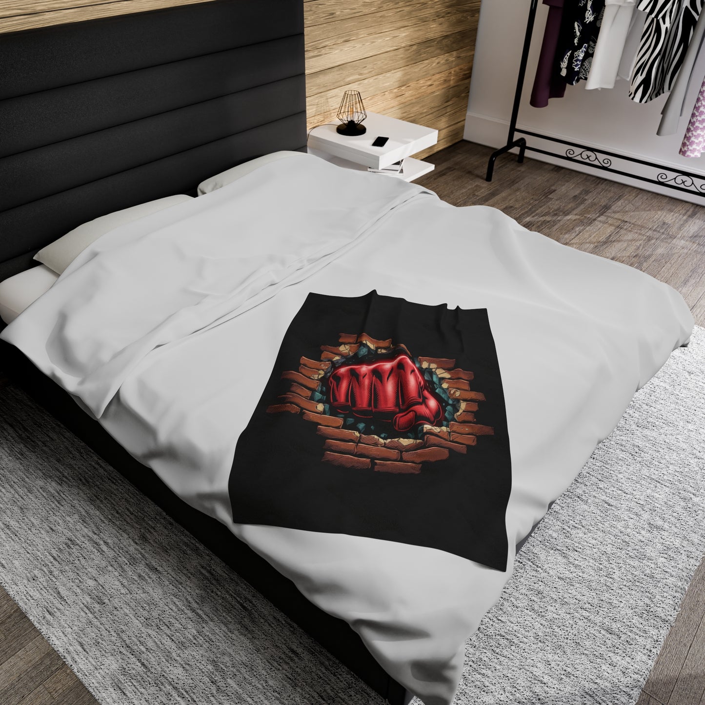 Plush Blanket - Red Fist Smashing Through Brick Wall Design