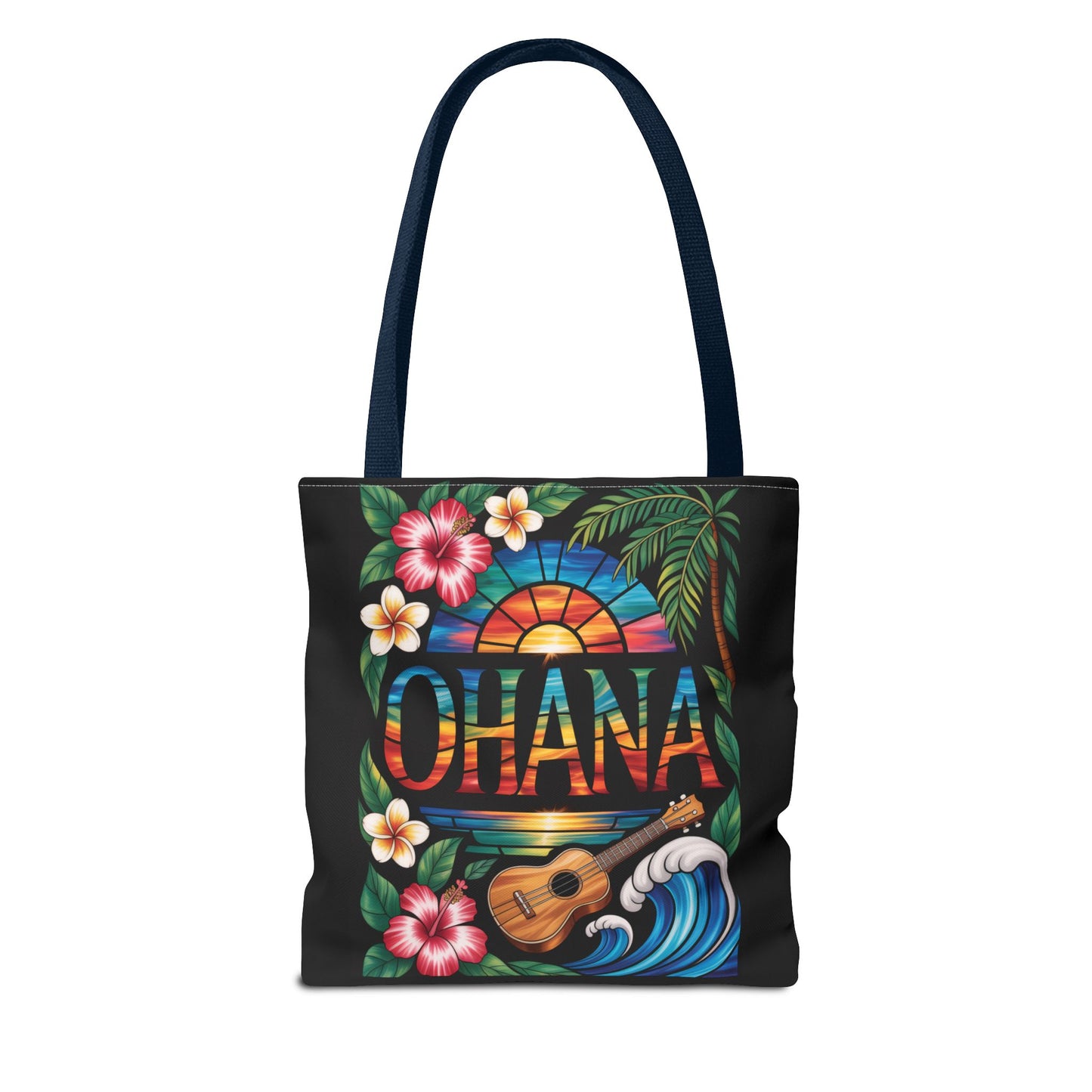 Ohana Tote Bag – Hawaiian Tropical Beach Bag with Ukulele, Sunset & Hibiscus Flowers, Island Gift for Women, Aloha Family Vibes