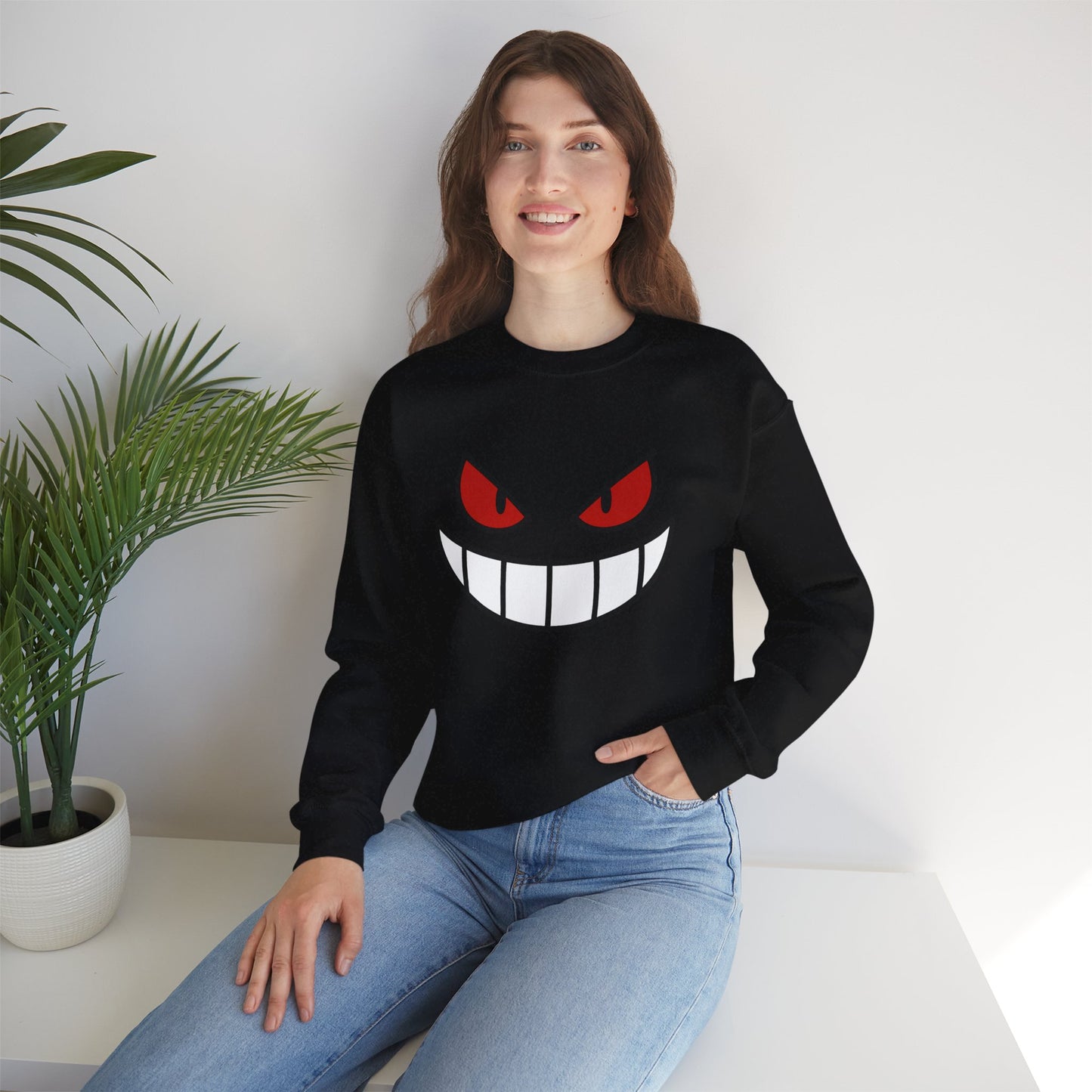 Evil Grin Sweatshirt, Creepy Skull Face Crewneck, Spooky Halloween Pullover, Dark Grinning Ghost Tee, Unisex Scary Smile Sweatshirt
