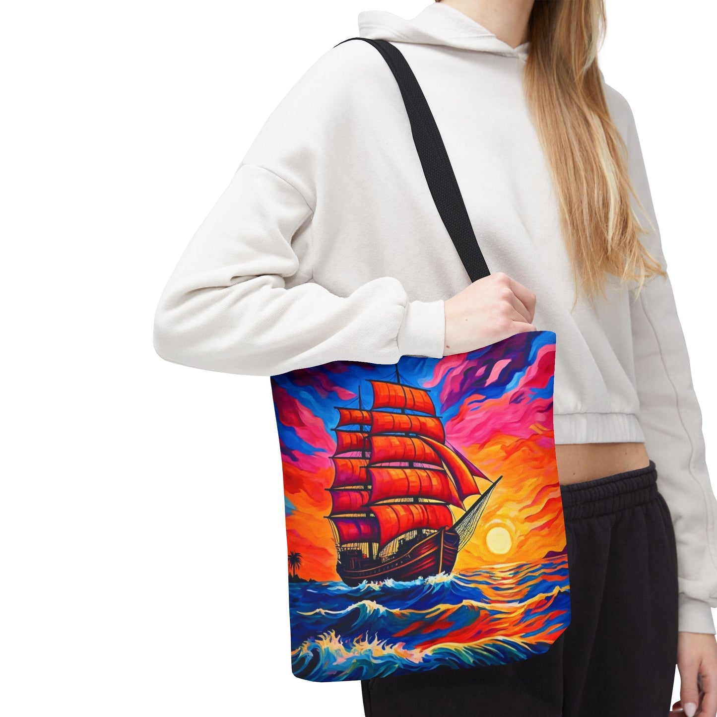 Crimson Voyage Tote Bag, Red Sailboat At Sunset Artistic Ocean Design, Nautical Reusable Tote For Beach, Travel, And Everyday Use
