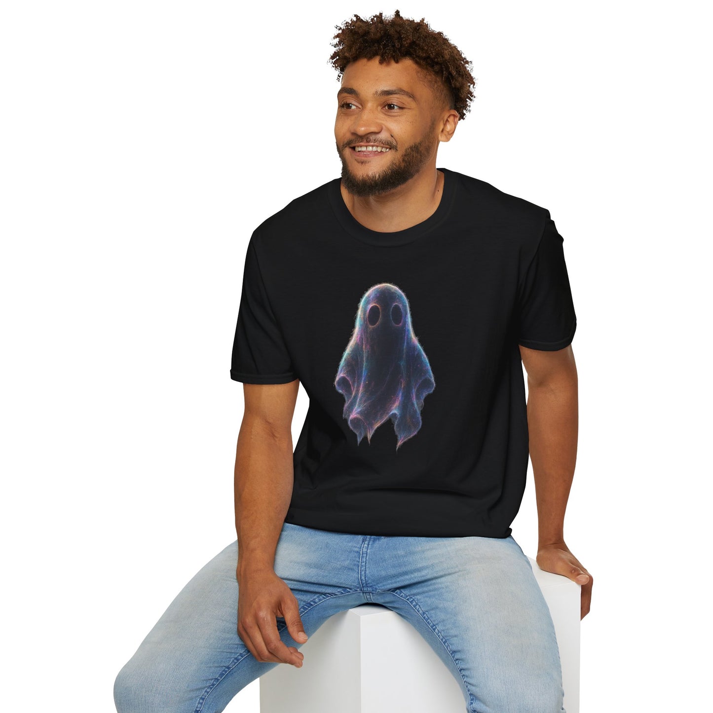 Ethereal Neon Ghost Tee - Iridescent Ghost Graphic T-Shirt, Spooky Aesthetic Halloween Shirt, Vibrant Vaporwave Ghost Tee for Fall