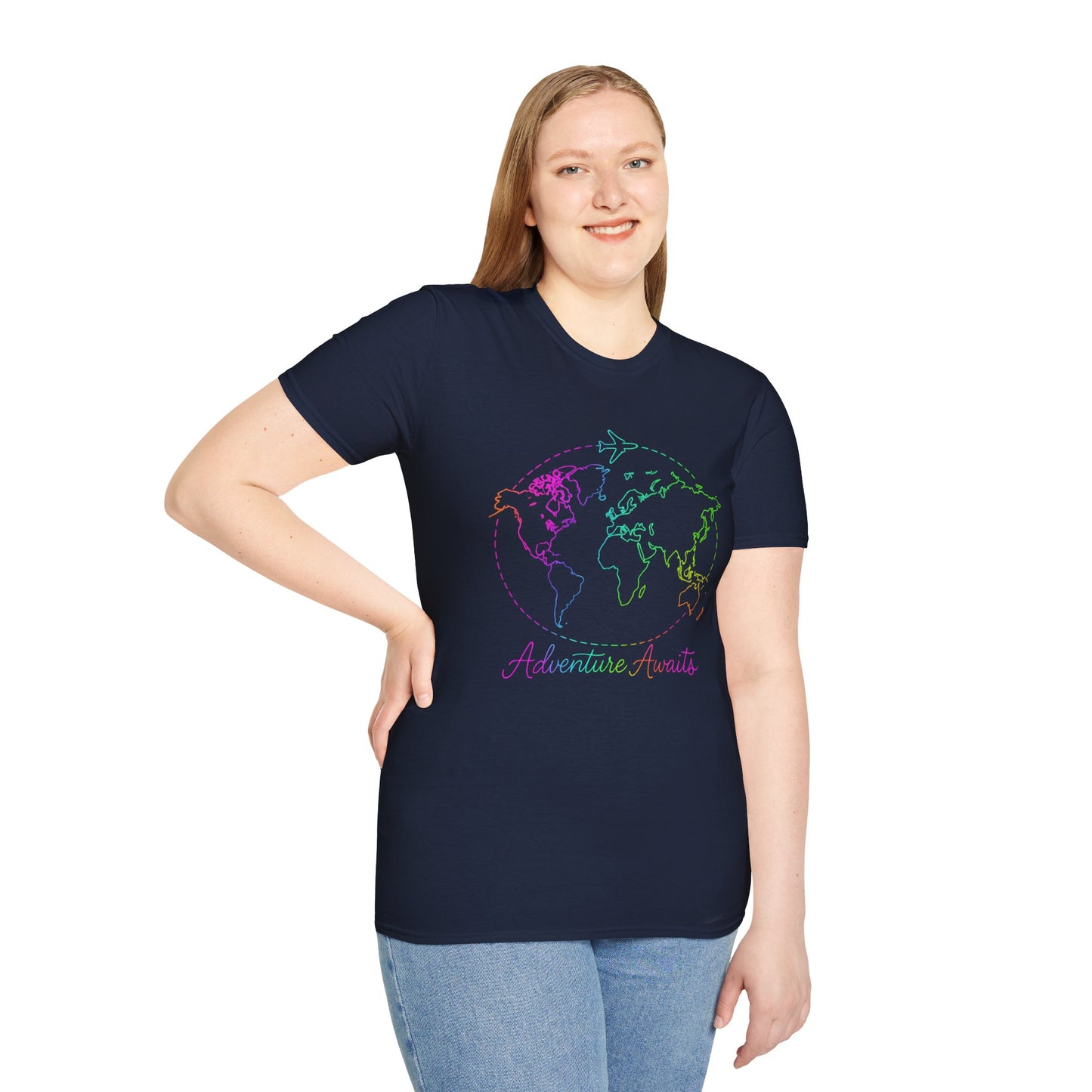 Adventure Awaits Neon Y2K Shirt - Retro Travel Tee, Rainbow Globe Graphic, Aesthetic Vacation Top, Y2K Gift for Travelers