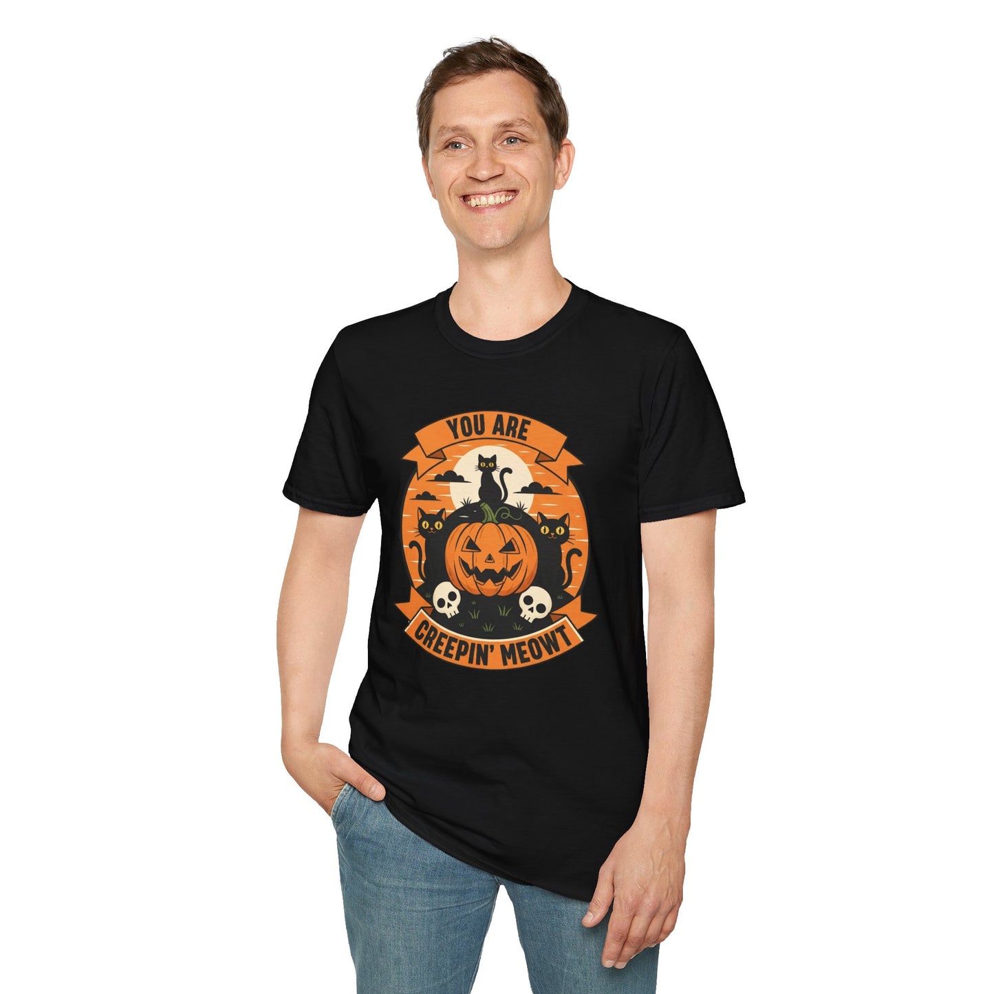 You Are Creepin' Meowt Halloween Cat T-Shirt | Funny Spooky Cat Tee | Black Cat Pumpkin Shirt | Cute Halloween Gift for Cat Lovers