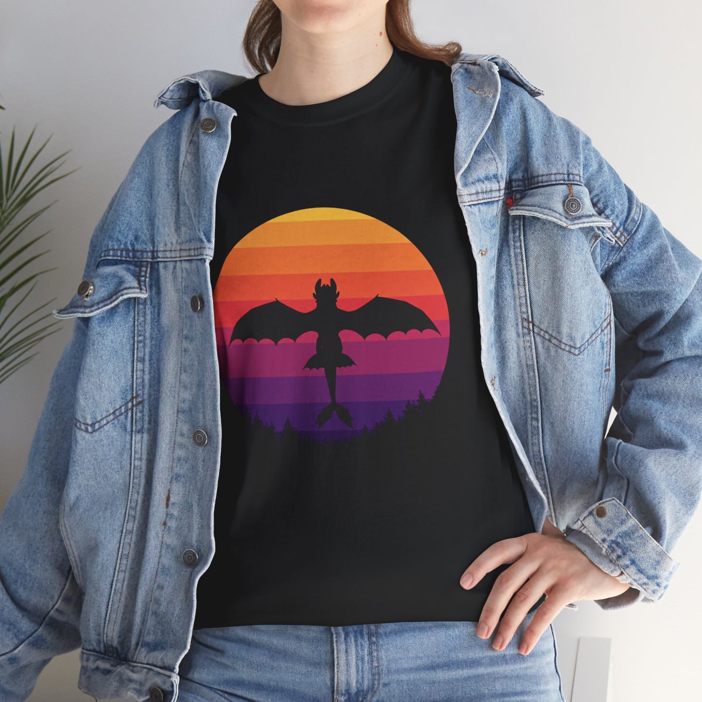 Night Dragon Sunset T-Shirt | Retro Dragon Silhouette Tee | Fantasy Dragon Shirt | Unisex Graphic Tee | Gift for Dragon Lovers