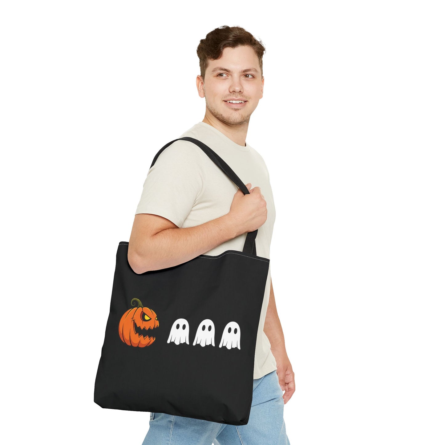 Halloween pumpkin ghost tote bag, spooky trick or treat canvas bag, ghost pumpkin design reusable tote, spooky season gift tote