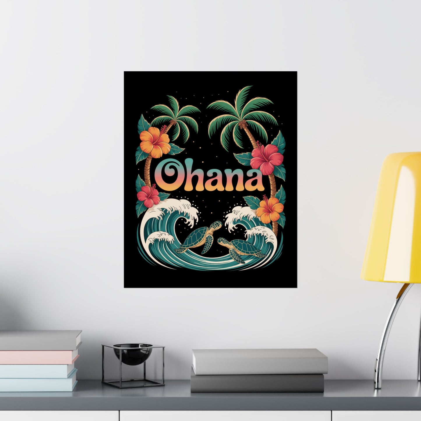 Ohana Hawaiian Wall Art - Tropical Beach Poster with Sea Turtles, Palm Trees & Hibiscus - Island Family Decor for Home or Office