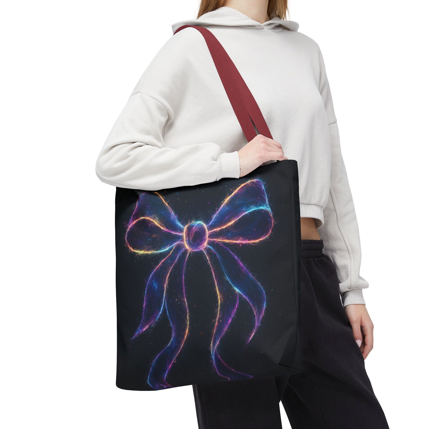 Galaxy Glow Bow Tote Bag, Cosmic Neon Ribbon Design, Black Space Art Bag, Celestial Gift For Her, Stylish Reusable Everyday Tote