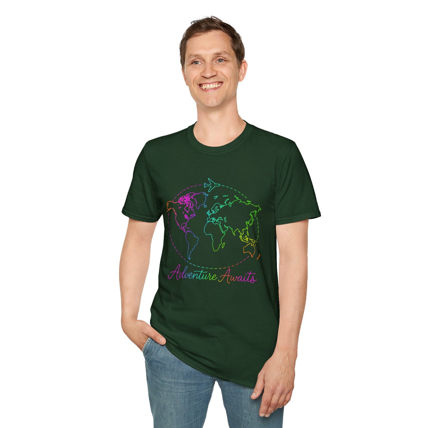 Adventure Awaits Neon Y2K Shirt - Retro Travel Tee, Rainbow Globe Graphic, Aesthetic Vacation Top, Y2K Gift for Travelers