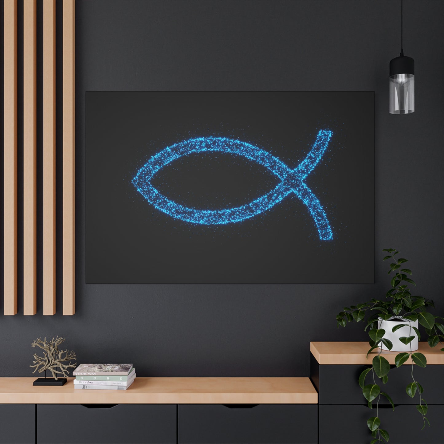 Blue Glitter Fish Symbol Matte Canvas Wall Art