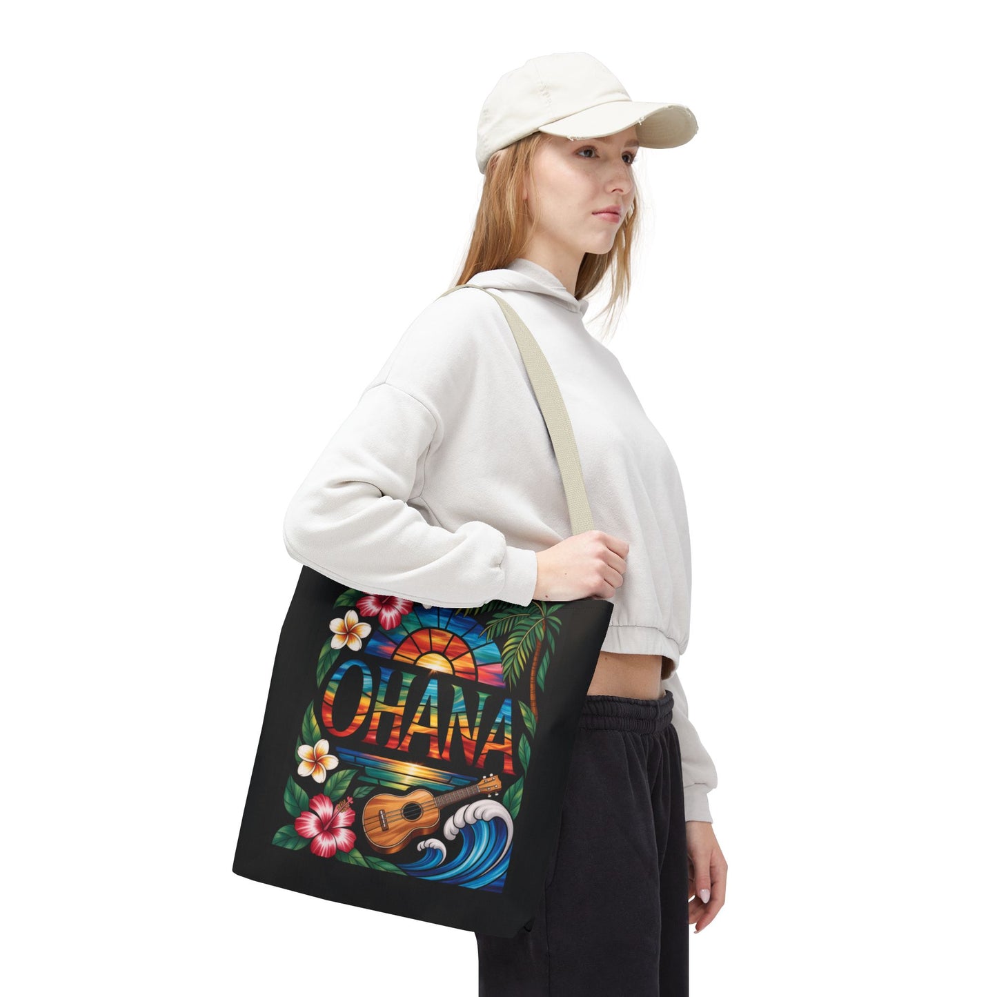 Ohana Tote Bag – Hawaiian Tropical Beach Bag with Ukulele, Sunset & Hibiscus Flowers, Island Gift for Women, Aloha Family Vibes