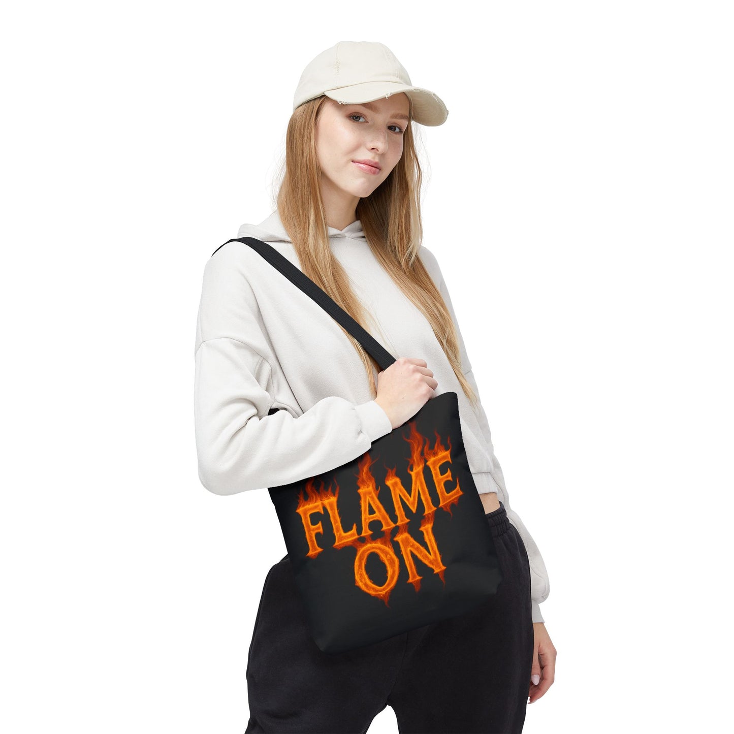Flame On Tote Bag - Fire Typography Black Bag for Book Lovers, Gym, or Groceries | Bold Comic-Inspired Catchphrase Tote