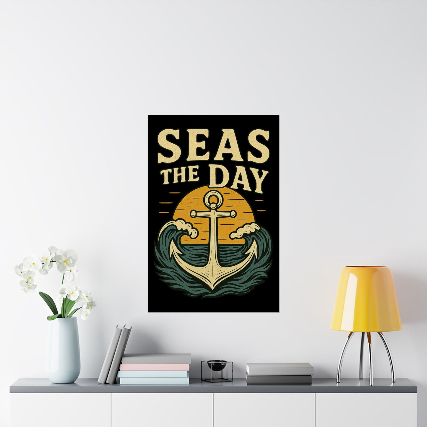 Poster - Seas the Day Anchor Sunset Design Nautical Decor Inspirational Reminder Beach Decoration