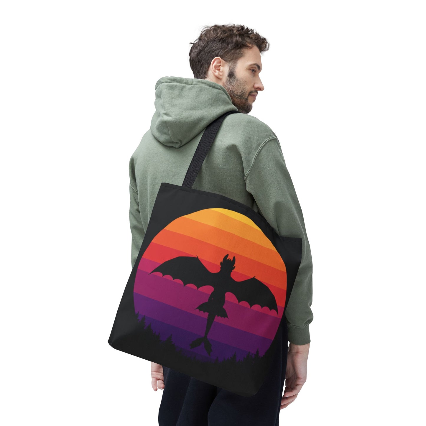 Sunset Dragon Flight Tote Bag, Reusable Eco-Friendly Shoulder Bag With Silhouette Design, Aesthetic Black Tote For Everyday Use And Gifts